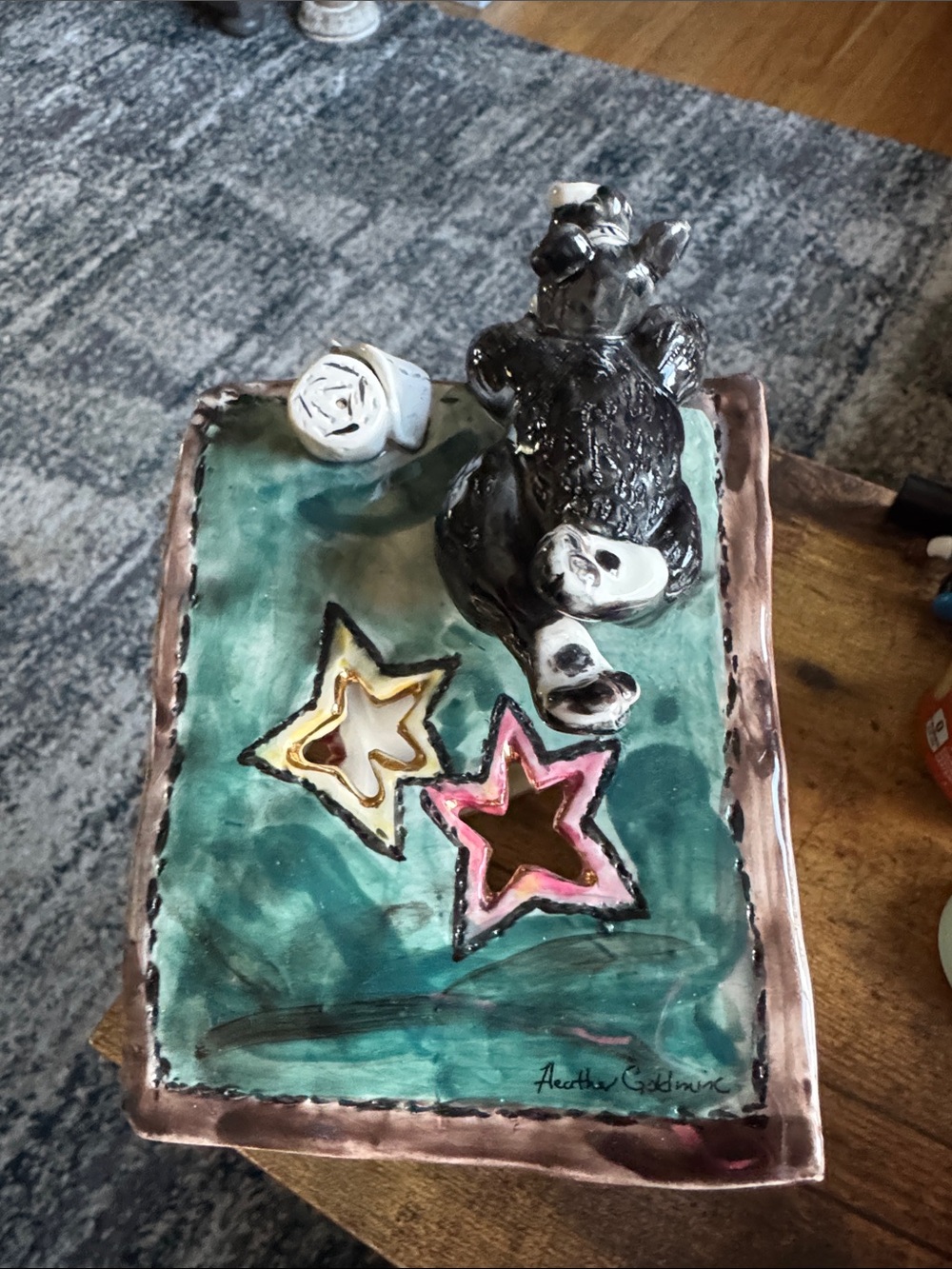Vintage blue sky clay works  tealight cover with Bear and Stars - - Picture 7 of 8